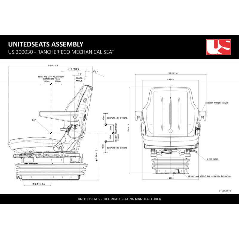 UnitedSeats Tractor Seat Rancher LGV95/H152 ARD - mechanical / PVC